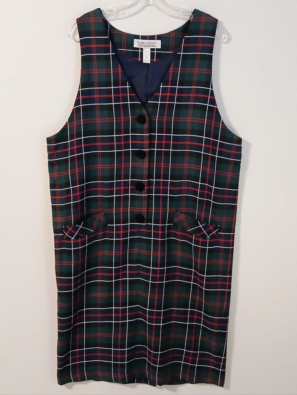 Karen Scott Sleeveless Green Plaid Dress Size Large Preppy Dark Academia